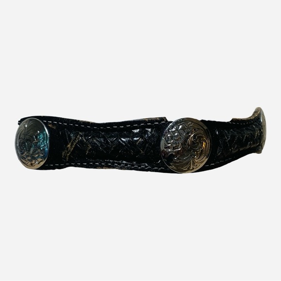 Vintage Black Embossed Leather & Silver Conch Western Core Belt Sz 36”-38” - Picture 3 of 4